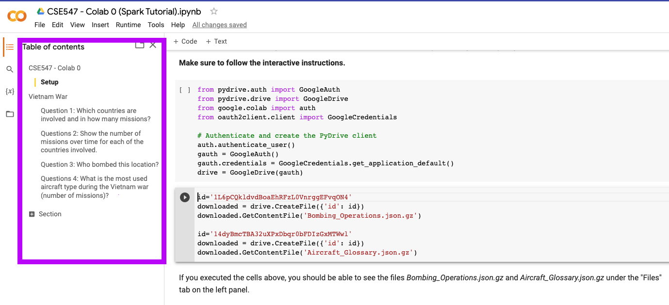 This is a screenshot of the Google Colab interface. On the left is a table of contents of the document (The table has two sections. The first section is "CSE 547 - Colab 0", which has a subsection "Setup." The second section is "Vietnam War" which includes four subsections of questions); On the right, it has notebook including Python code snippets and texts.
