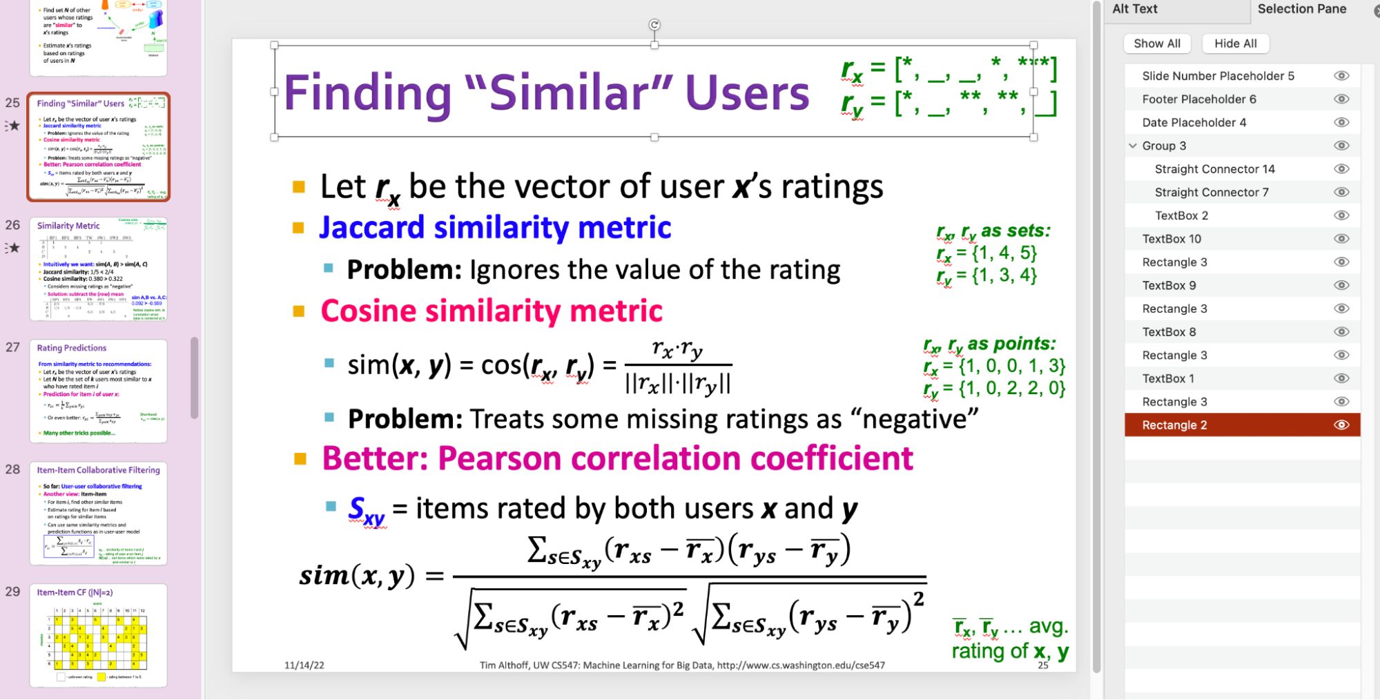 This is a screenshot of a powerpoint slide and the selection pane. On the left, there is a powerpoint slide with a few formulas about "Jaccard Similarity Metric", "Cosine Similarity Metric", and "Pearson Correlation Coefficient". Next to each formula are some explanation that would be animated to display. On the right, the selection pane displays the reading orders of these elements on the powerpoint slide