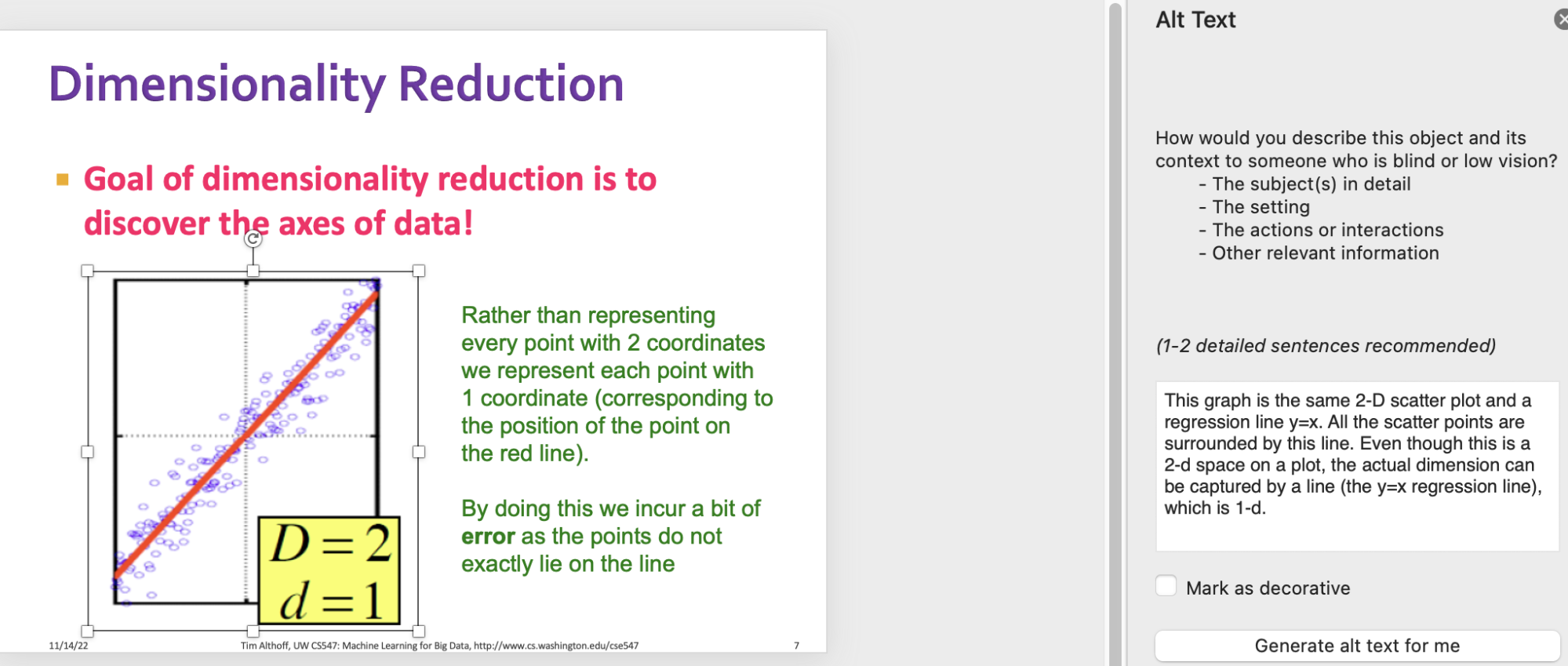 This is a screenshot of a PowerPoint slide and the Alt Text Panel. On the left, there is a PowerPoint slide with a scatterplot and a red line fitting a regression of the scatter plot. On the right, the alt text is "This graph is the same 2-D scatter plot and a regression line y=x. All the scatter points are surrounded by this line. Even though this is a s-d on a plot, the actual dimension can be captured by a line (the y=x regression line), which is 1-d.".