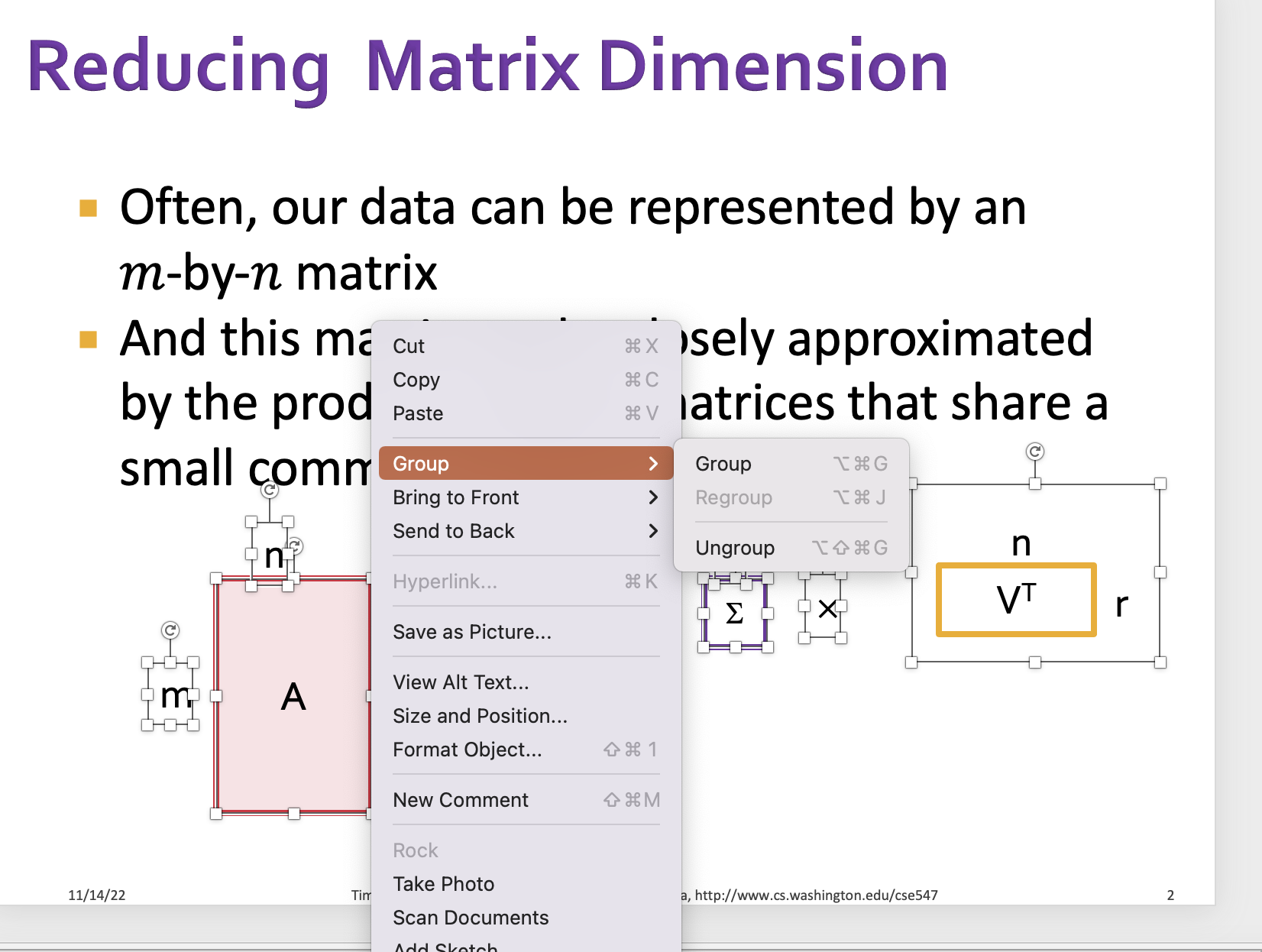 The same powerpoint slide as above, but all components are selected. Then right button is clicked. In the context menu, "Group" is selected. Then in the sub-menu, "group" is selected again. (Yes, "group" under "Group")