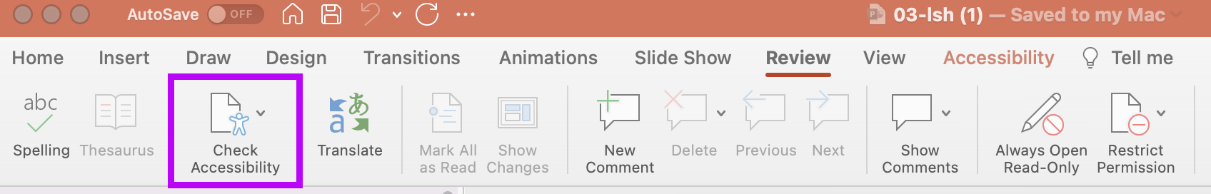A menu bar on Microsoft PowerPoint. It shows that "Review" panel is selected. "Check Accessibility" button is selected.