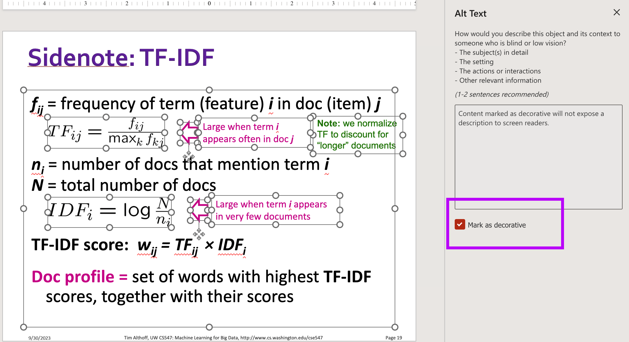 This is the same screenshot of the powerpoint and the alt text panel as above. This time, all the math components and the associated texts are marked decorative on the alt text panel.