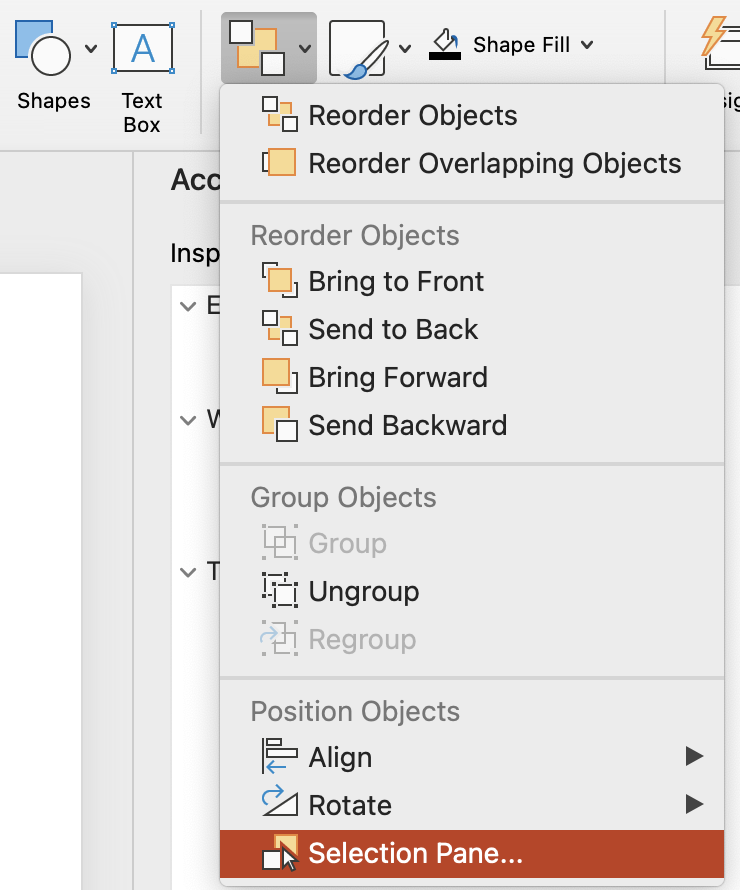 A screenshot of the "selection pane" option highlighted in the "arrange" dropdown